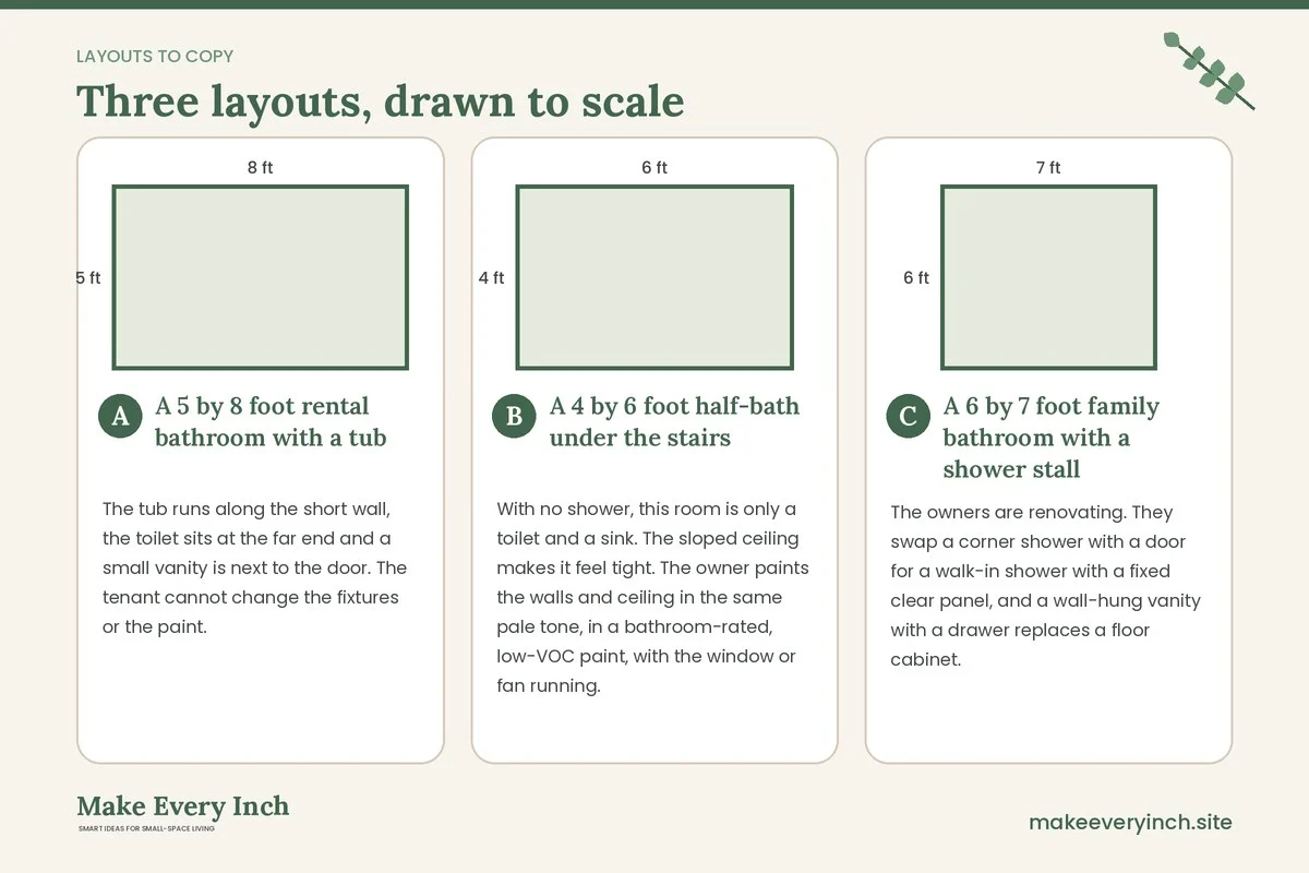Three room layouts drawn to scale with dimensions and placement notes for: Small Bathroom Ideas That Feel Spacious
