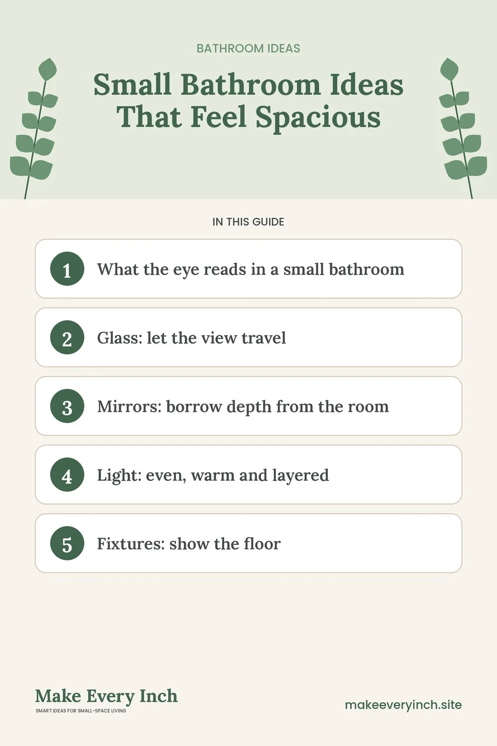 Pinterest pin listing the main topics in: Small Bathroom Ideas That Feel Spacious