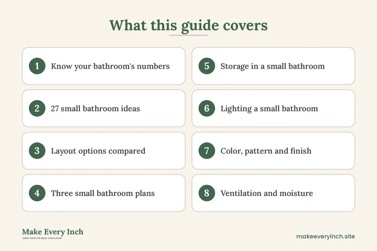 Graphic listing 8 topics covered in: 27 Small Bathroom Ideas That Make the Most of Every Inch