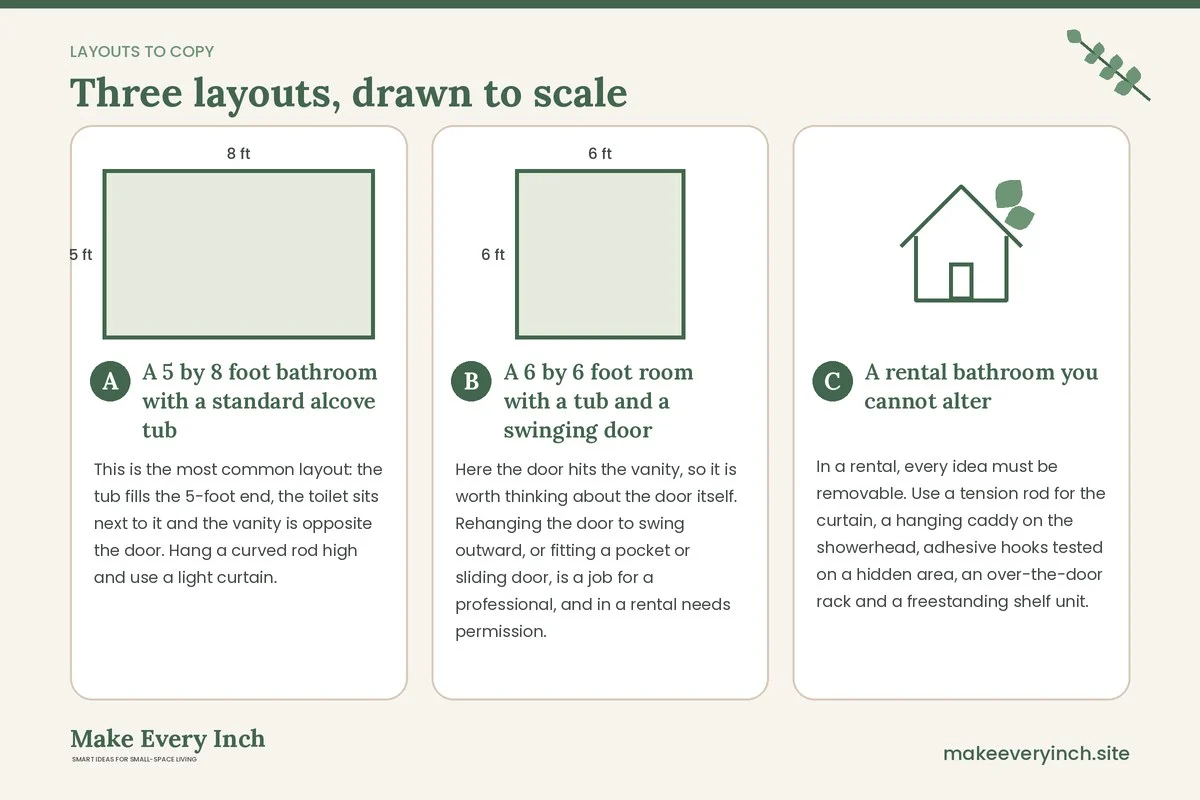 Three room layouts drawn to scale with dimensions and placement notes for: Small Bathroom Ideas with a Tub