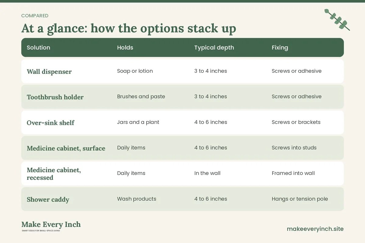 Comparison table of options for: Small Bathroom Ideas with No Counter Space (Solution, Holds, Typical depth, Fixing)
