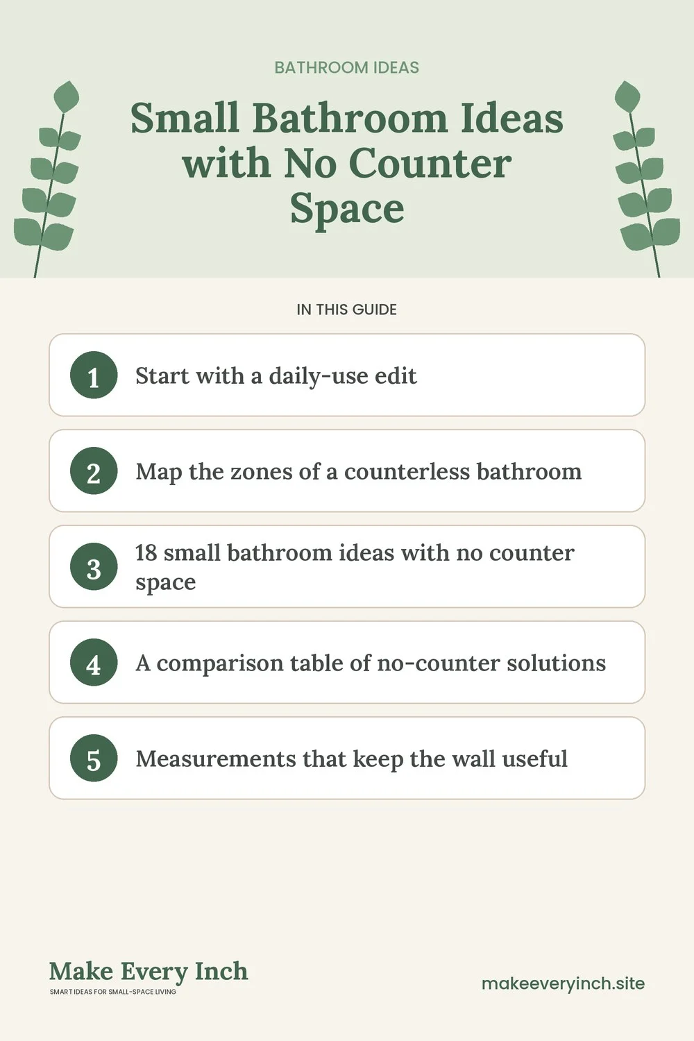 Pinterest pin listing the main topics in: Small Bathroom Ideas with No Counter Space
