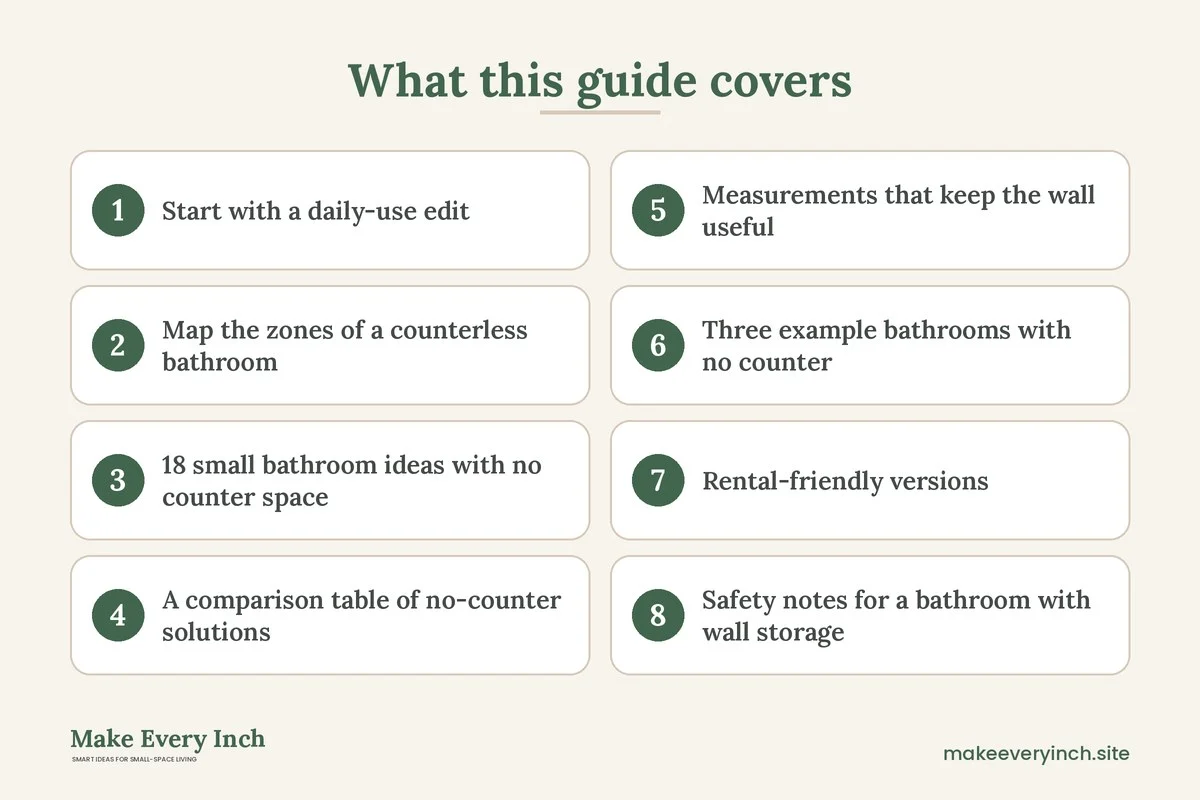 Graphic listing 8 topics covered in: Small Bathroom Ideas with No Counter Space
