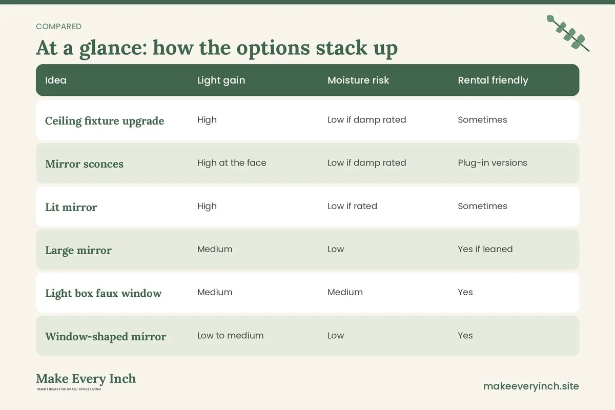 Comparison table of options for: Small Bathroom Ideas Without a Window (Idea, Light gain, Moisture risk, Rental friendly)