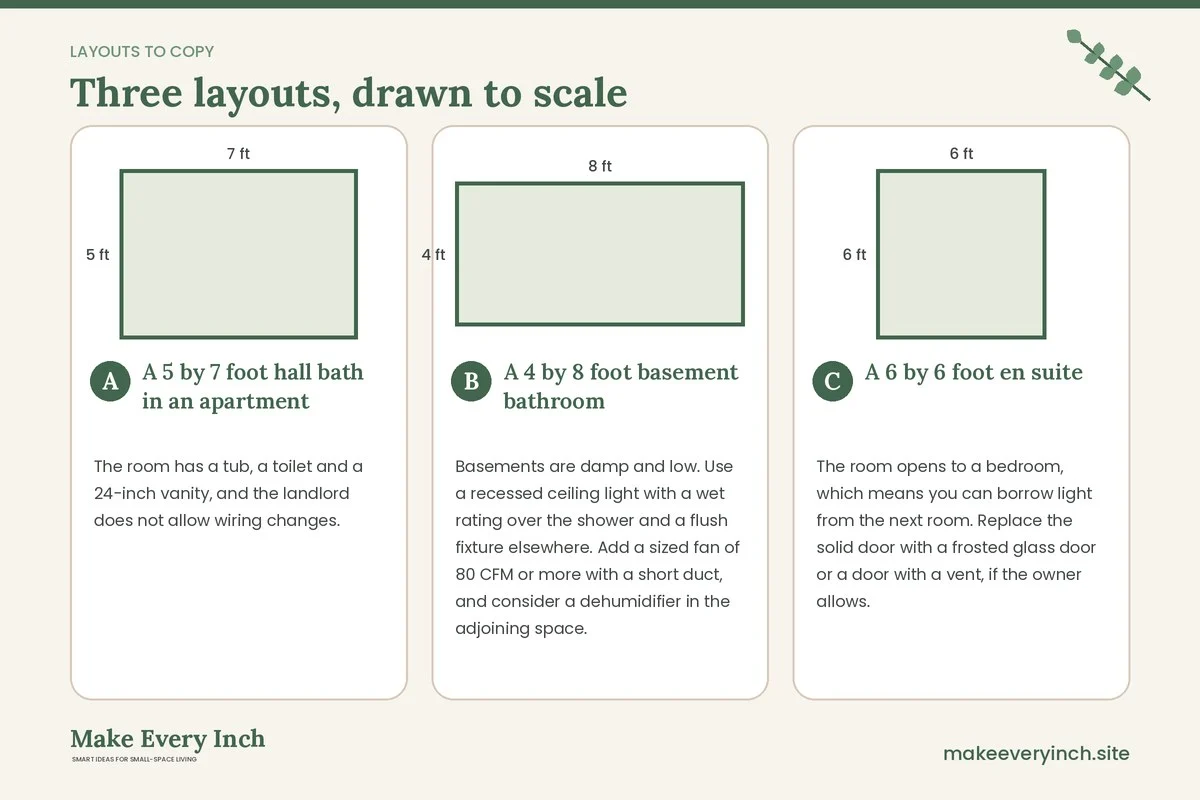 Three room layouts drawn to scale with dimensions and placement notes for: Small Bathroom Ideas Without a Window