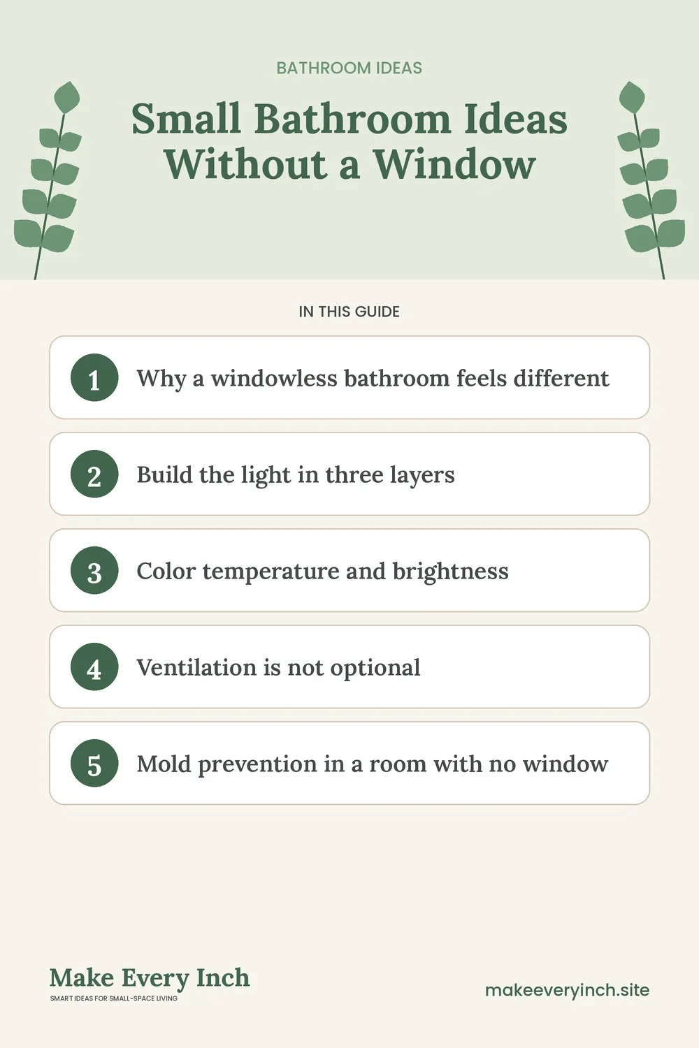Pinterest pin listing the main topics in: Small Bathroom Ideas Without a Window