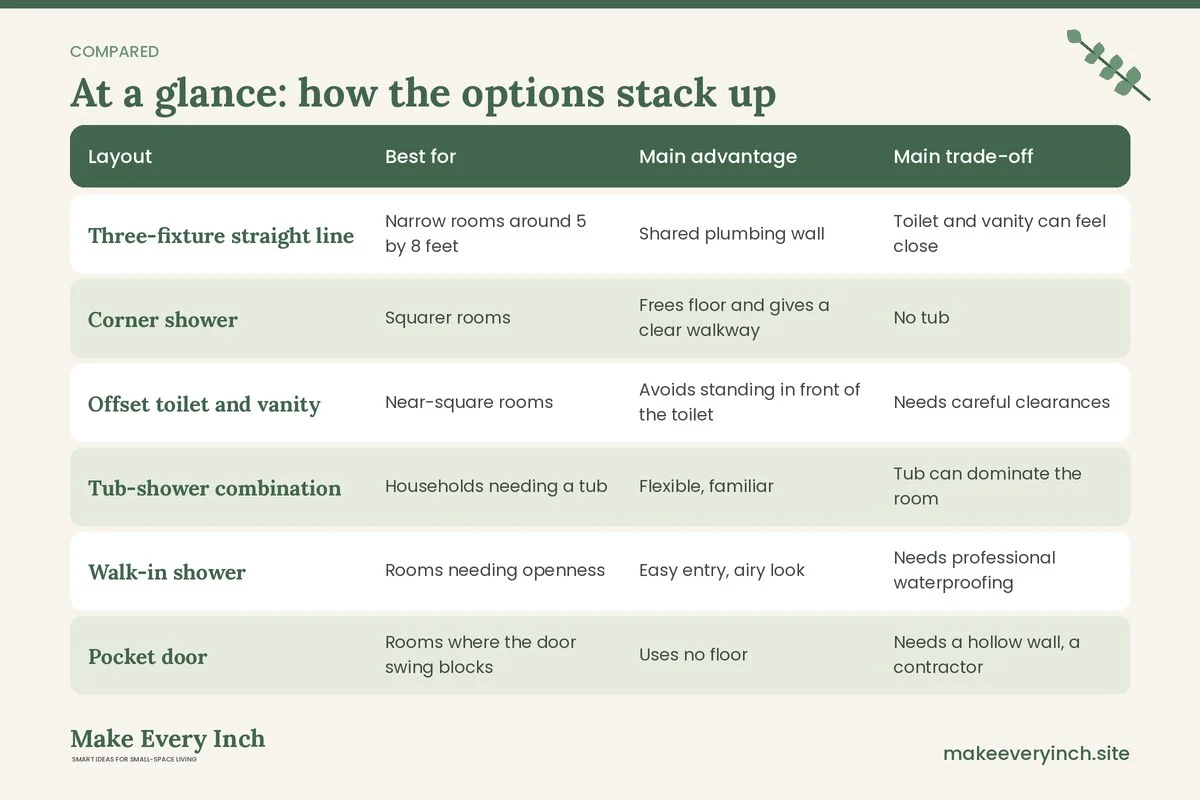 Comparison table of options for: Small Bathroom Layout Ideas That Work (Layout, Best for, Main advantage, Main trade-off)