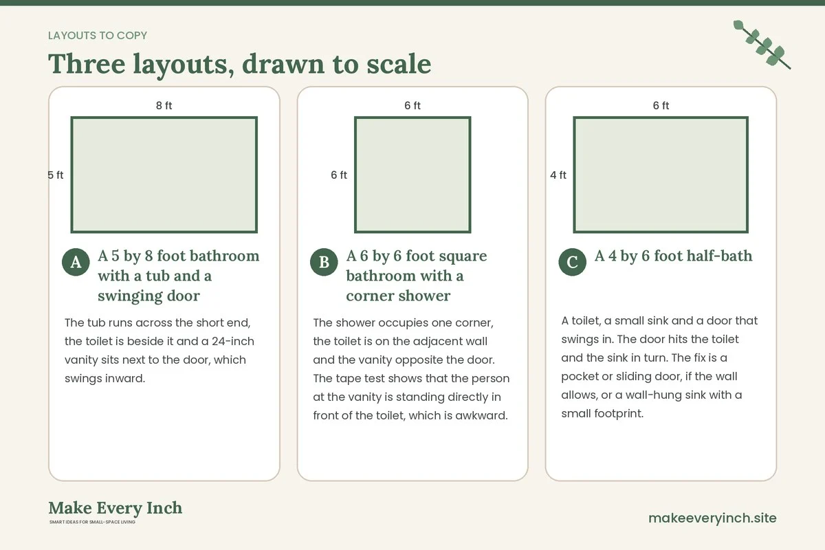 Three room layouts drawn to scale with dimensions and placement notes for: Small Bathroom Layout Ideas That Work