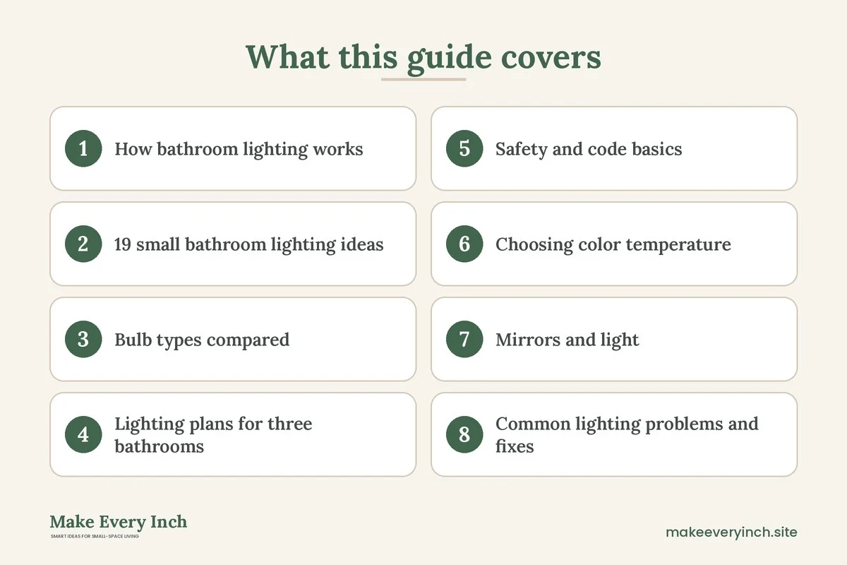 Graphic listing 8 topics covered in: 19 Small Bathroom Lighting Ideas to Brighten a Tiny Space