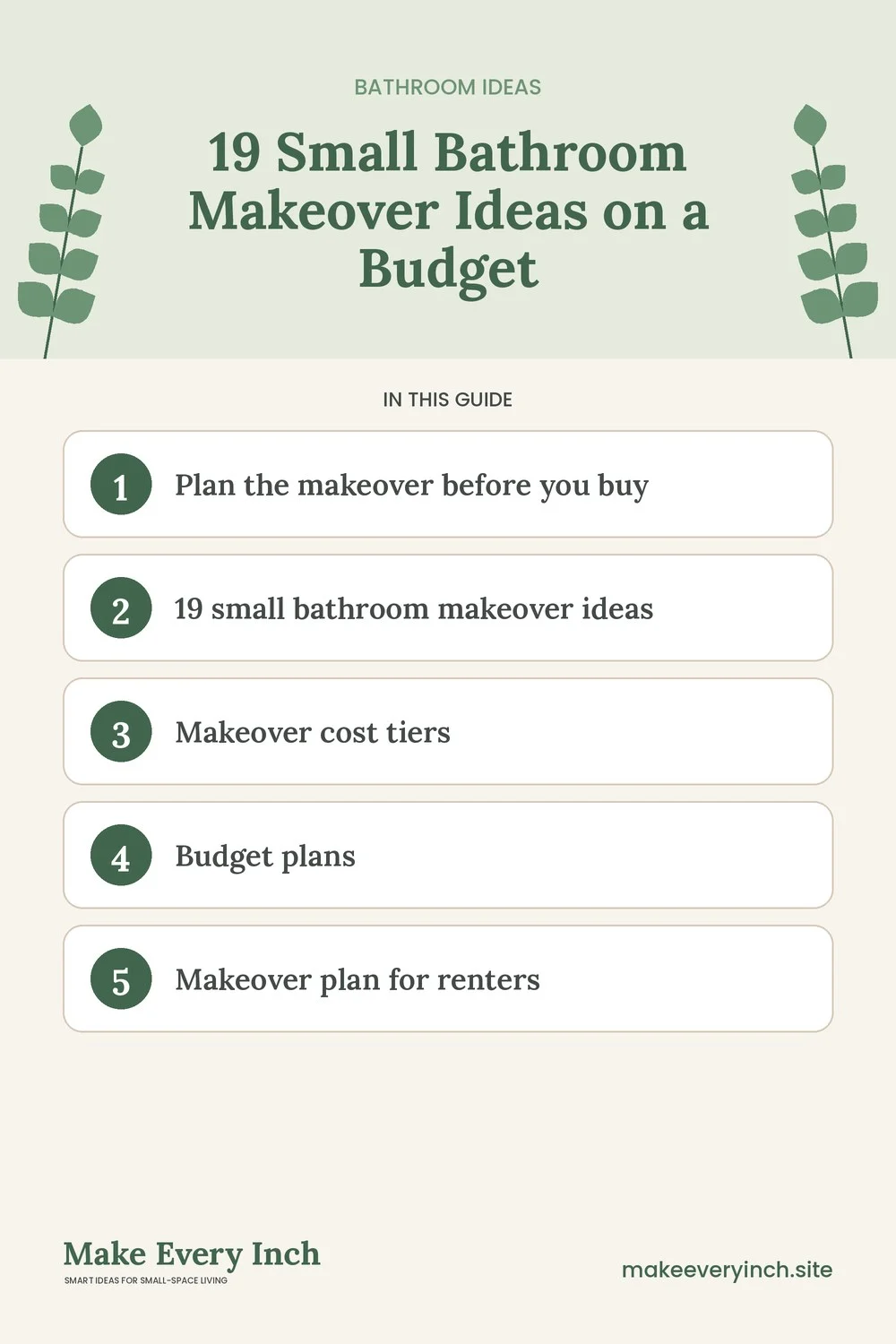 Pinterest pin listing the main topics in: 19 Small Bathroom Makeover Ideas on a Budget
