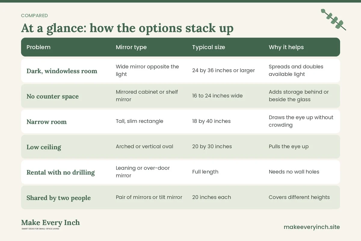 Comparison table of options for: Small Bathroom Mirror Ideas for Light, Depth and Storage (Problem, Mirror type, Typical size, Why it helps)