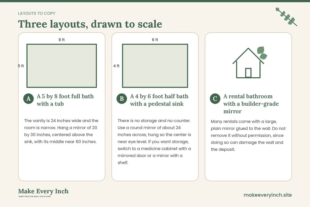 Three room layouts drawn to scale with dimensions and placement notes for: Small Bathroom Mirror Ideas for Light, Depth and Storage