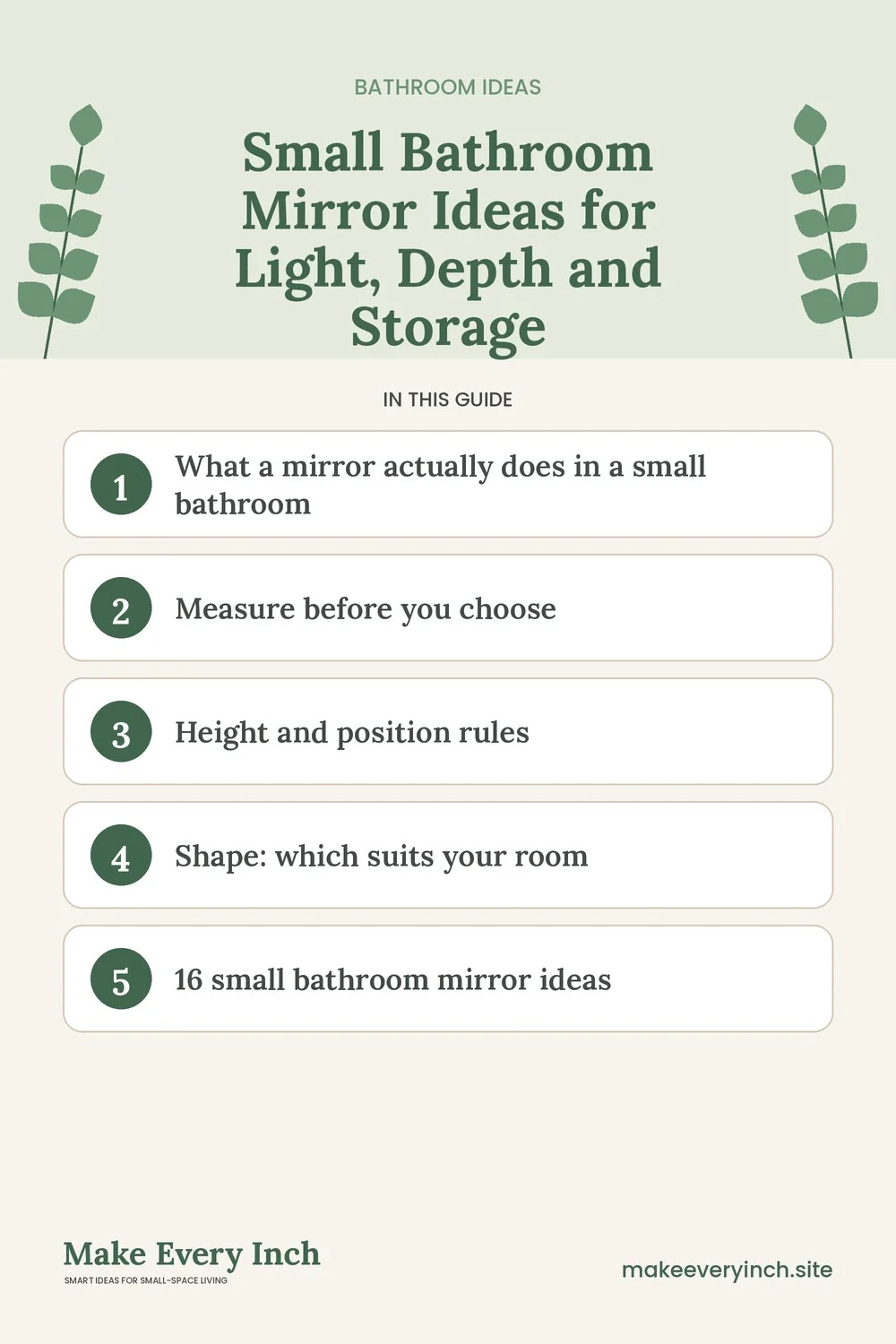 Pinterest pin listing the main topics in: Small Bathroom Mirror Ideas for Light, Depth and Storage