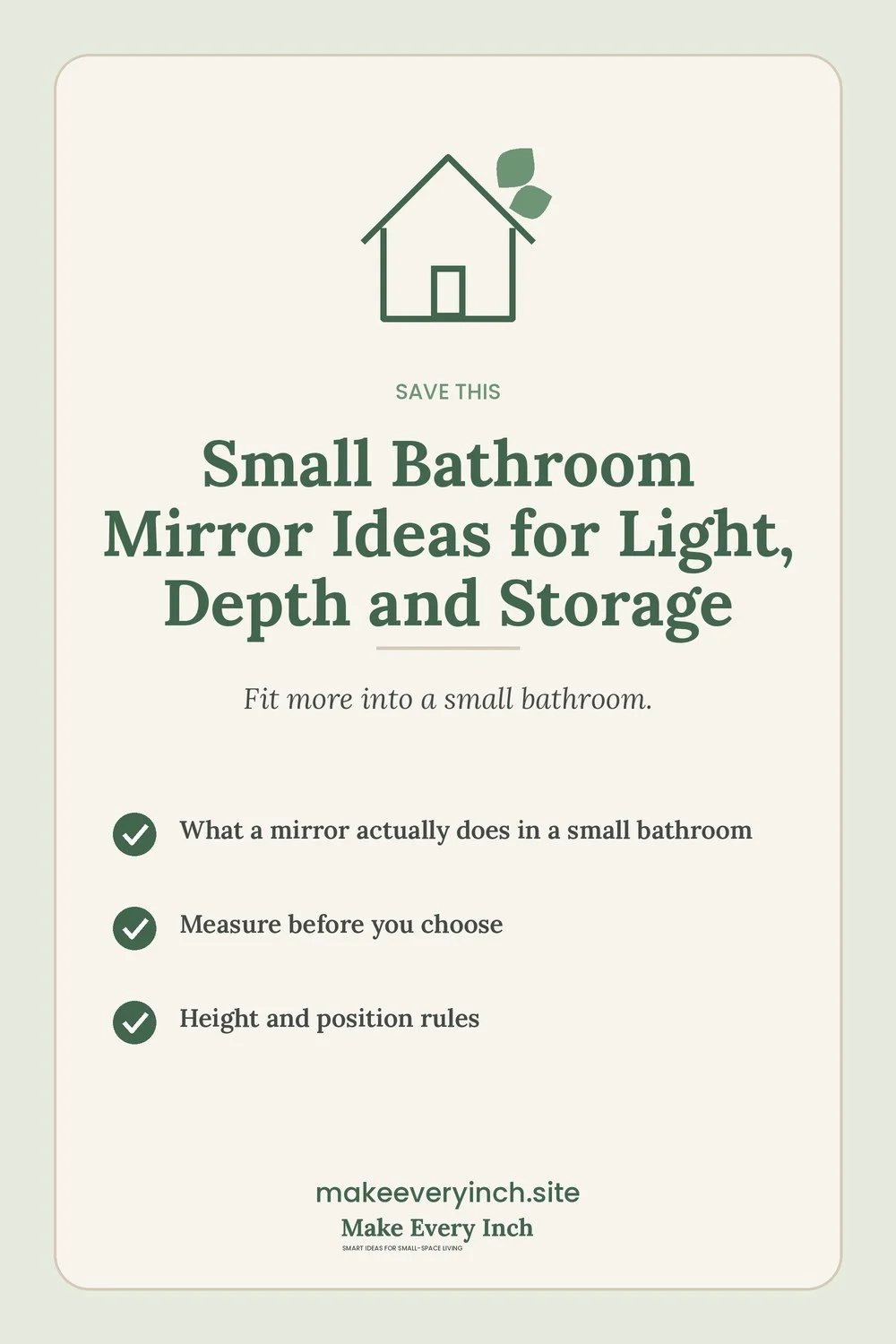 Save-this Pinterest pin with a short checklist for: Small Bathroom Mirror Ideas for Light, Depth and Storage