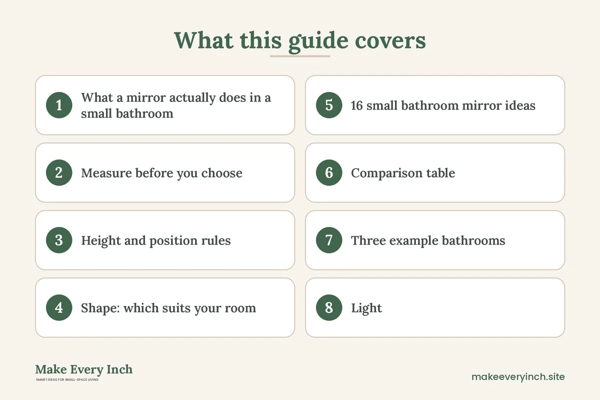 Graphic listing 8 topics covered in: Small Bathroom Mirror Ideas for Light, Depth and Storage