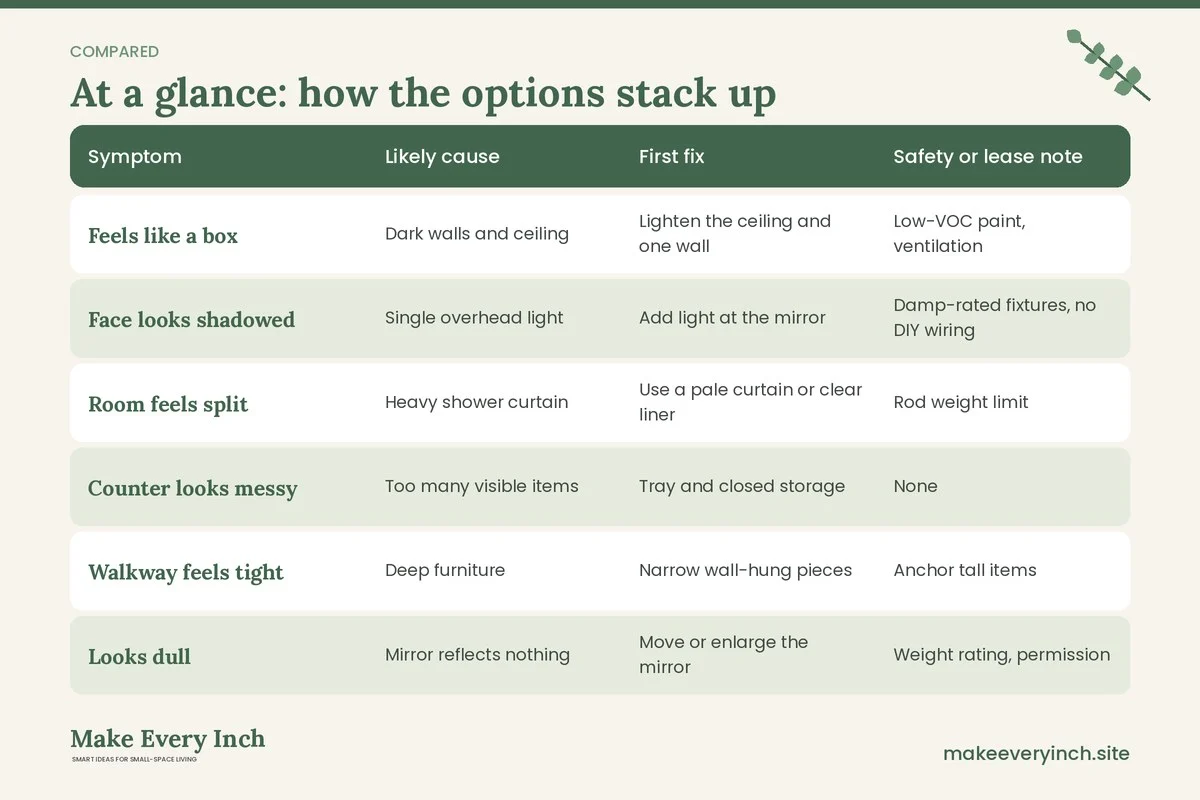 Comparison table of options for: Small Bathroom Mistakes That Make It Feel Smaller, and 14 Fixes (Symptom, Likely cause, First fix, Safety or lease note)