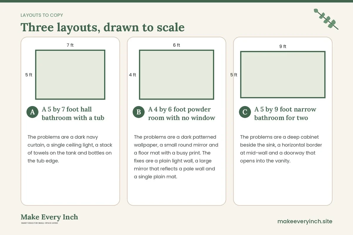 Three room layouts drawn to scale with dimensions and placement notes for: Small Bathroom Mistakes That Make It Feel Smaller, and 14 Fixes