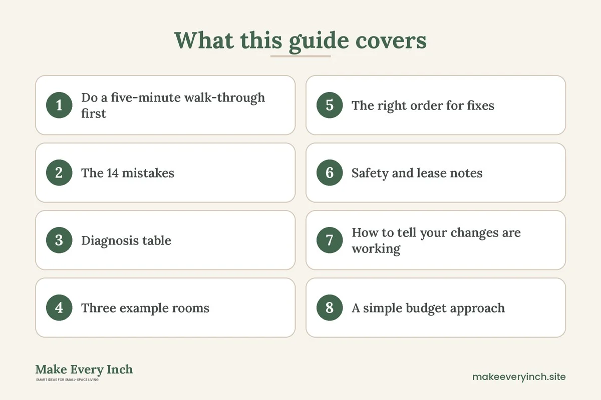 Graphic listing 8 topics covered in: Small Bathroom Mistakes That Make It Feel Smaller, and 14 Fixes