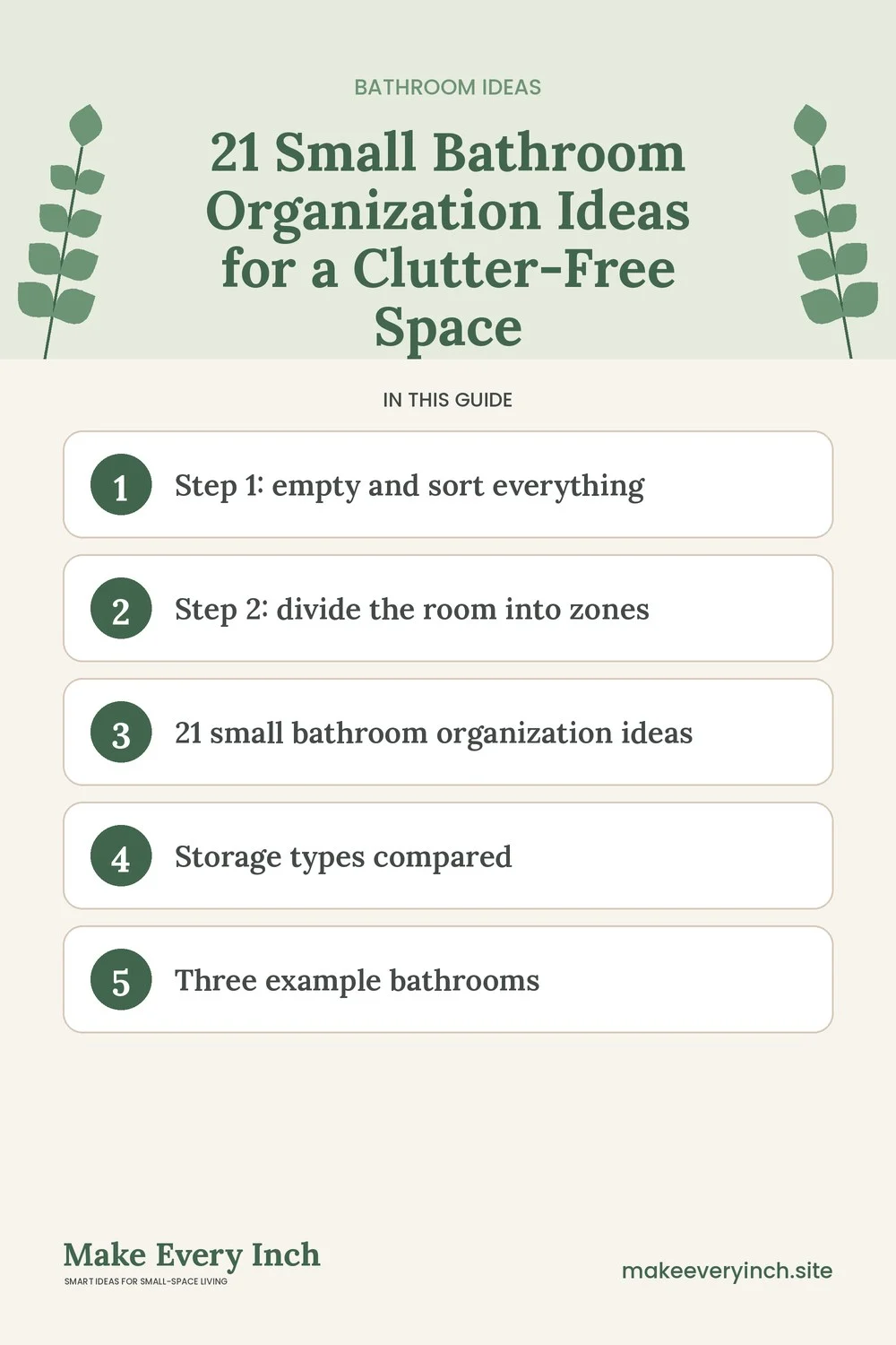 Pinterest pin listing the main topics in: 21 Small Bathroom Organization Ideas for a Clutter-Free Space