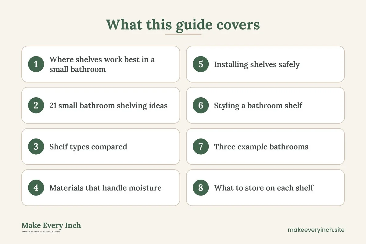 Graphic listing 8 topics covered in: 21 Small Bathroom Shelving Ideas That Add Storage Without Clutter