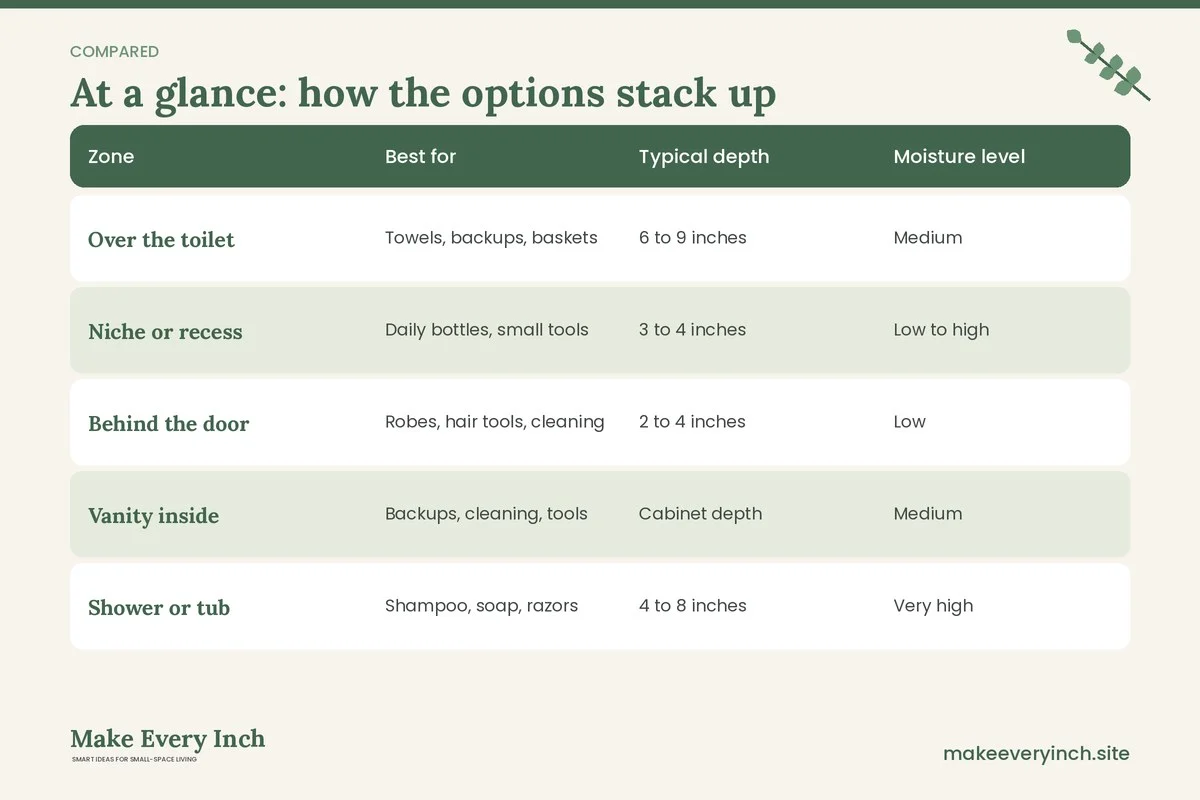 Comparison table of options for: Small Bathroom Storage Ideas for Tight Spaces (Zone, Best for, Typical depth, Moisture level)