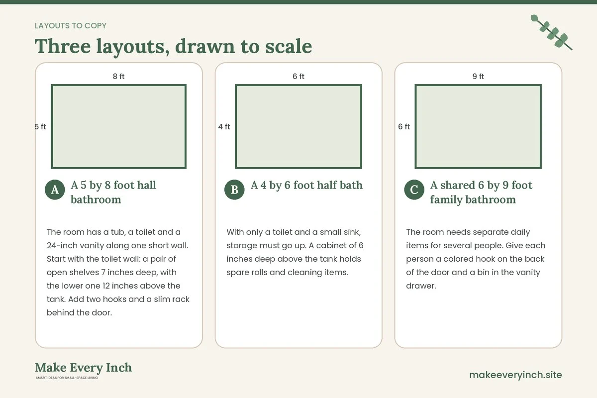 Three room layouts drawn to scale with dimensions and placement notes for: Small Bathroom Storage Ideas for Tight Spaces