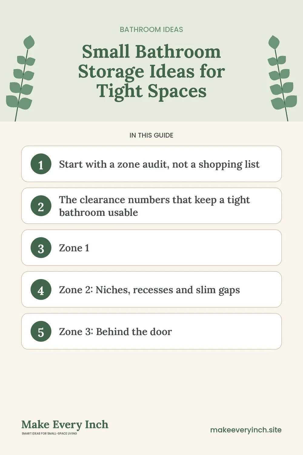 Pinterest pin listing the main topics in: Small Bathroom Storage Ideas for Tight Spaces
