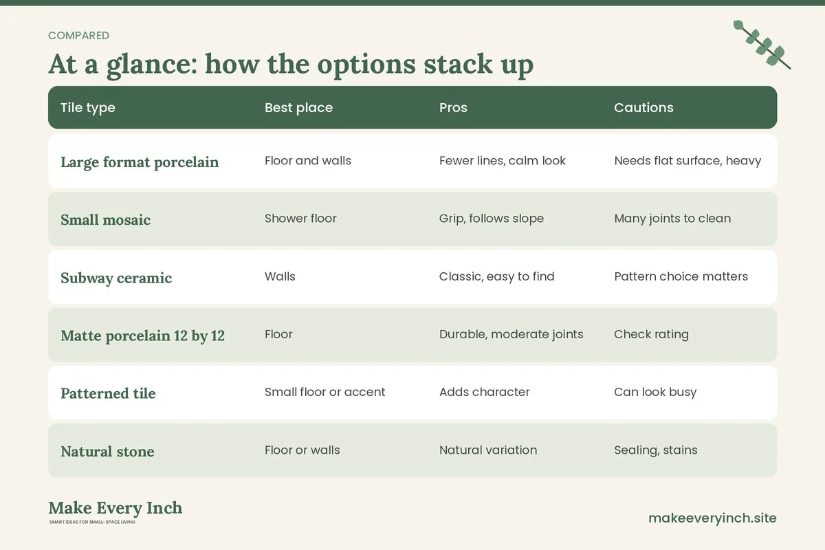 Comparison table of options for: Small Bathroom Tile Ideas (Tile type, Best place, Pros, Cautions)