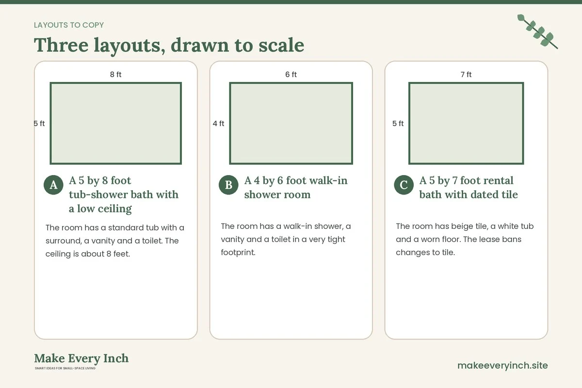 Three room layouts drawn to scale with dimensions and placement notes for: Small Bathroom Tile Ideas