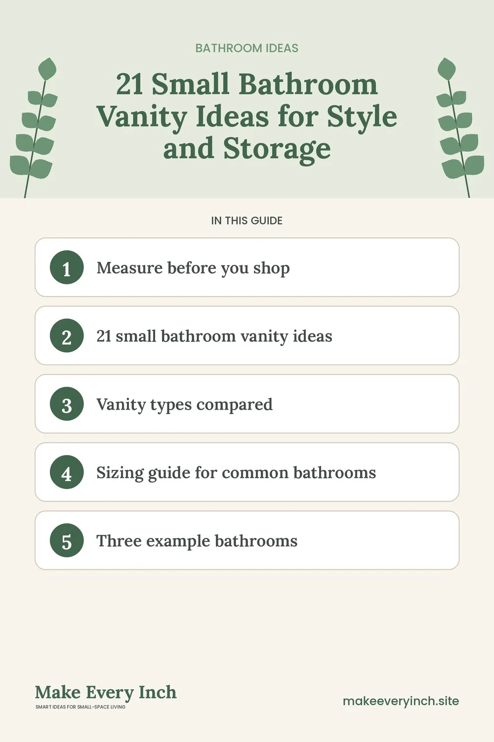 Pinterest pin listing the main topics in: 21 Small Bathroom Vanity Ideas for Style and Storage