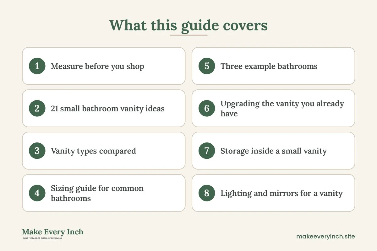 Graphic listing 8 topics covered in: 21 Small Bathroom Vanity Ideas for Style and Storage