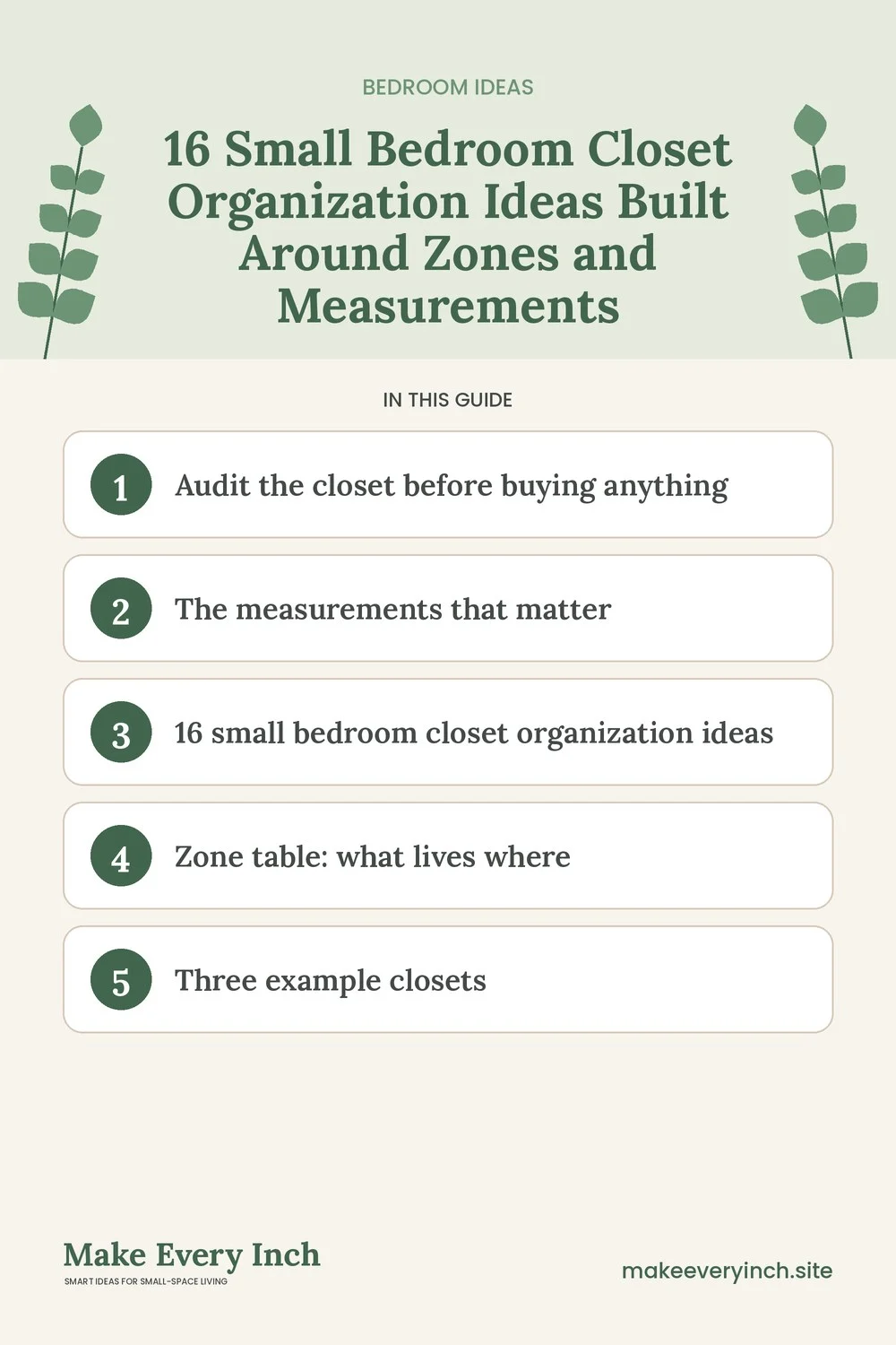 Pinterest pin listing the main topics in: 16 Small Bedroom Closet Organization Ideas Built Around Zones and Measurements