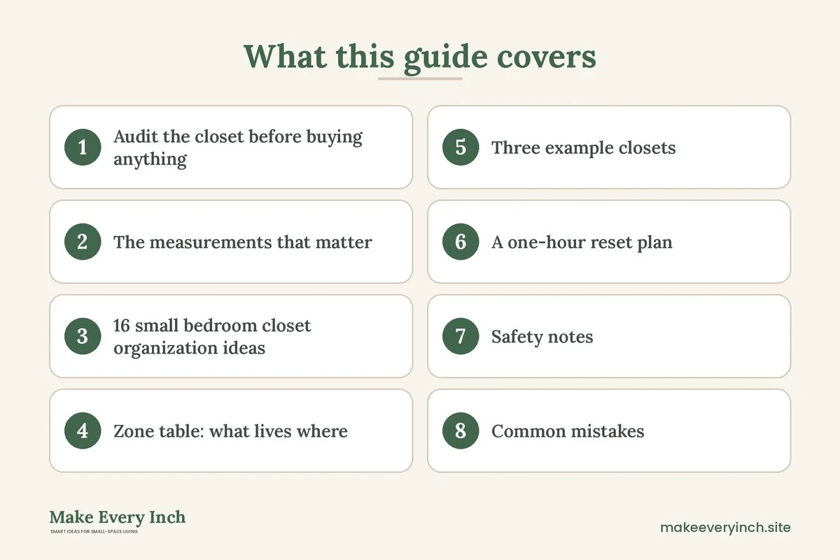 Graphic listing 8 topics covered in: 16 Small Bedroom Closet Organization Ideas Built Around Zones and Measurements