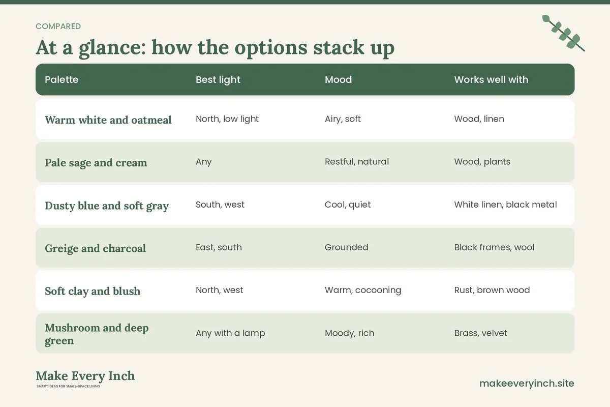 Comparison table of options for: Small Bedroom Color Schemes for a Calm Space (Palette, Best light, Mood, Works well with)