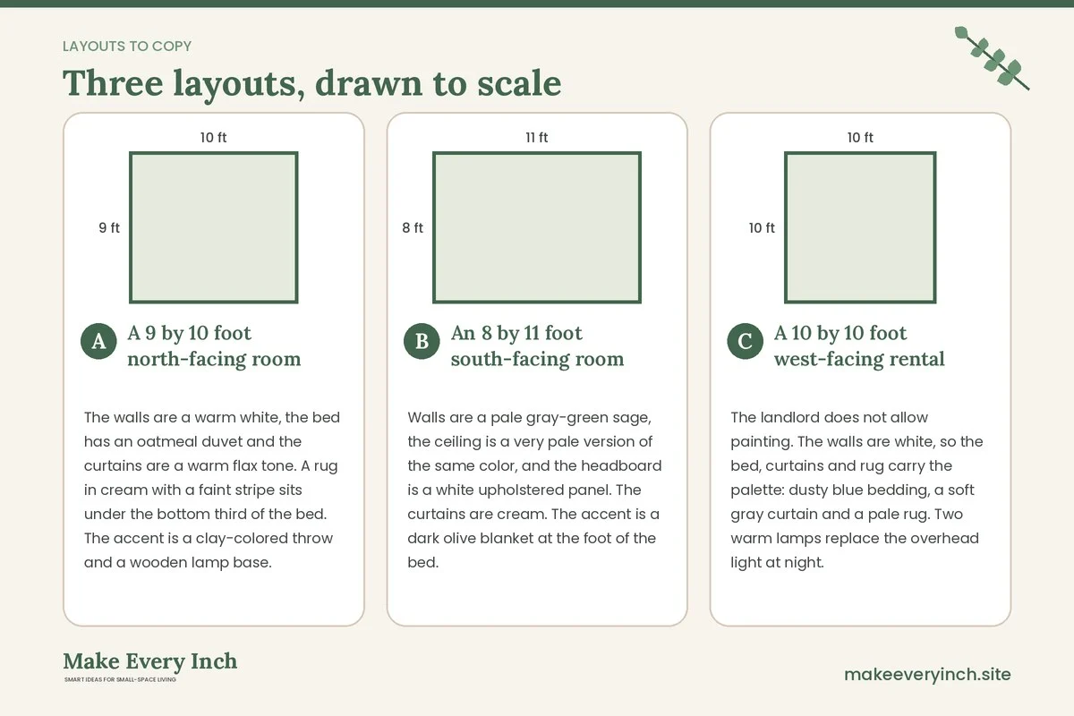 Three room layouts drawn to scale with dimensions and placement notes for: Small Bedroom Color Schemes for a Calm Space