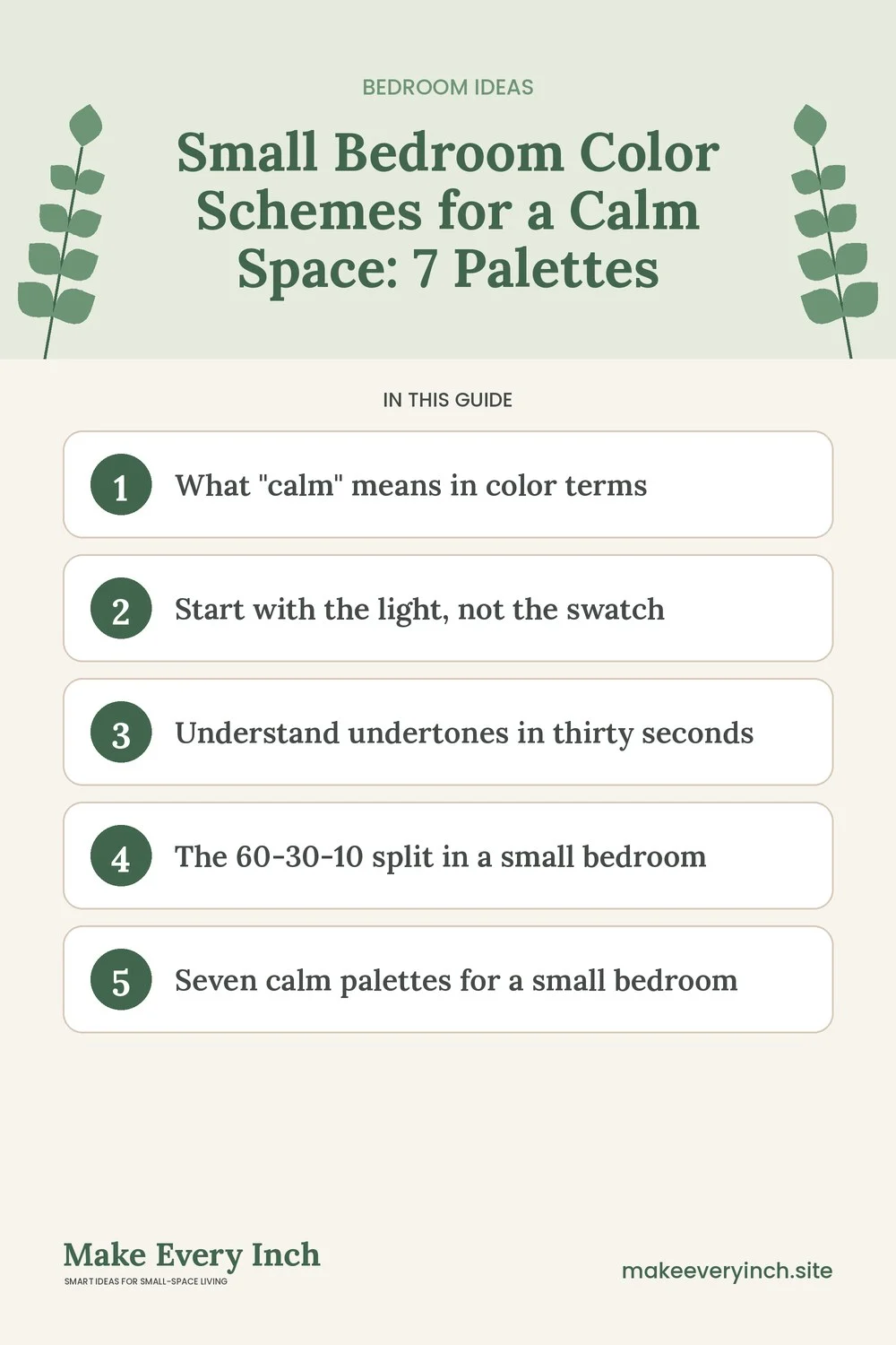 Pinterest pin listing the main topics in: Small Bedroom Color Schemes for a Calm Space