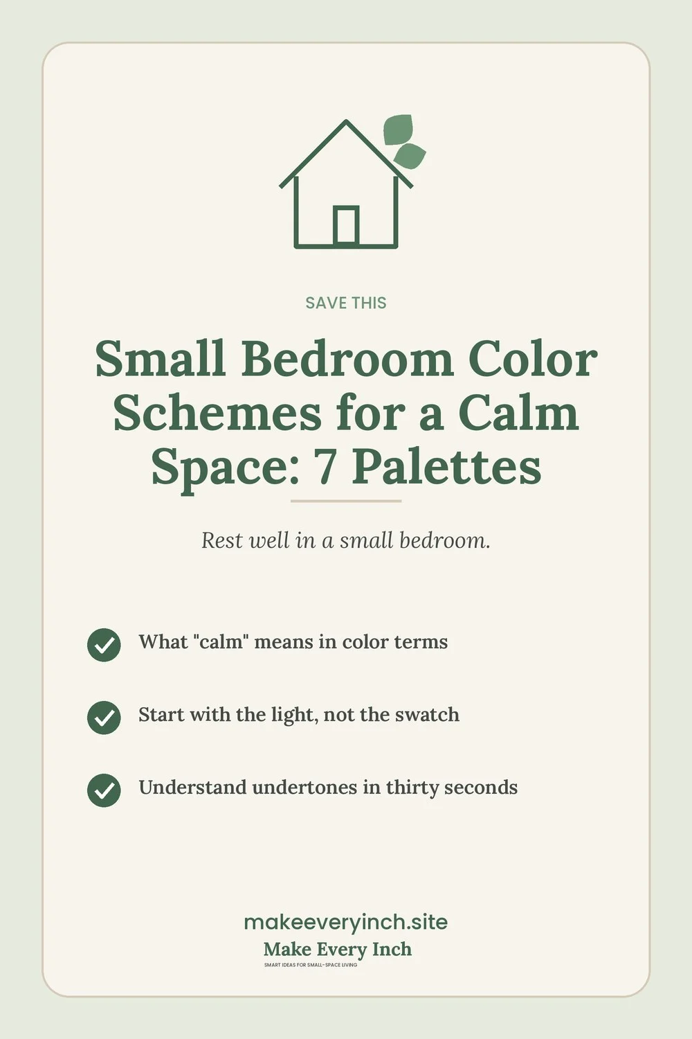Save-this Pinterest pin with a short checklist for: Small Bedroom Color Schemes for a Calm Space