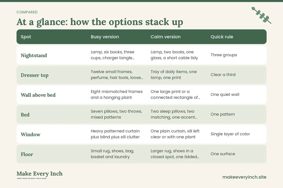 Comparison table of options for: Small Bedroom Decor That Does Not Feel Cluttered (Spot, Busy version, Calm version, Quick rule)