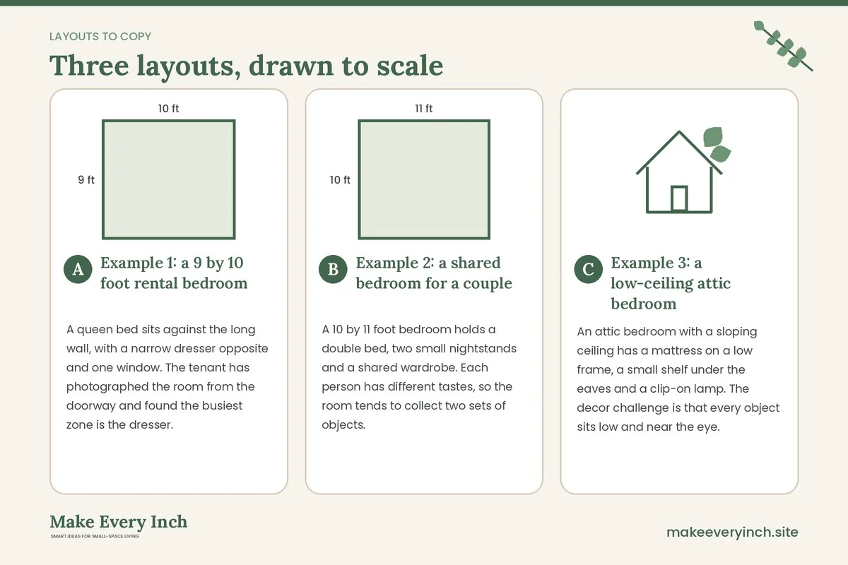 Three room layouts drawn to scale with dimensions and placement notes for: Small Bedroom Decor That Does Not Feel Cluttered