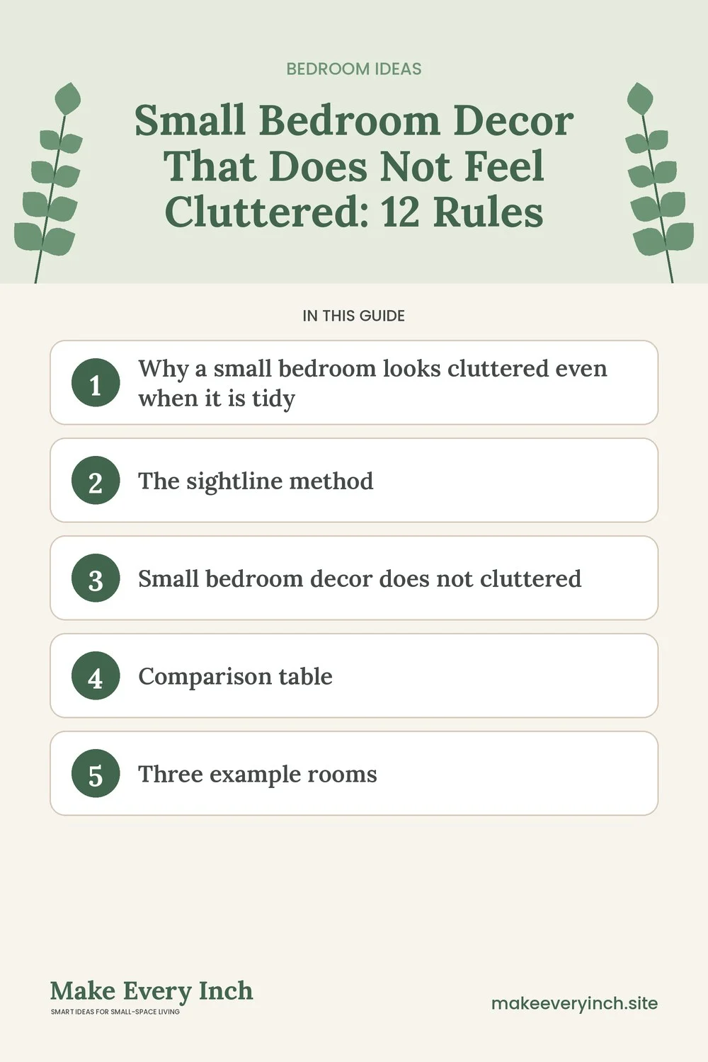 Pinterest pin listing the main topics in: Small Bedroom Decor That Does Not Feel Cluttered