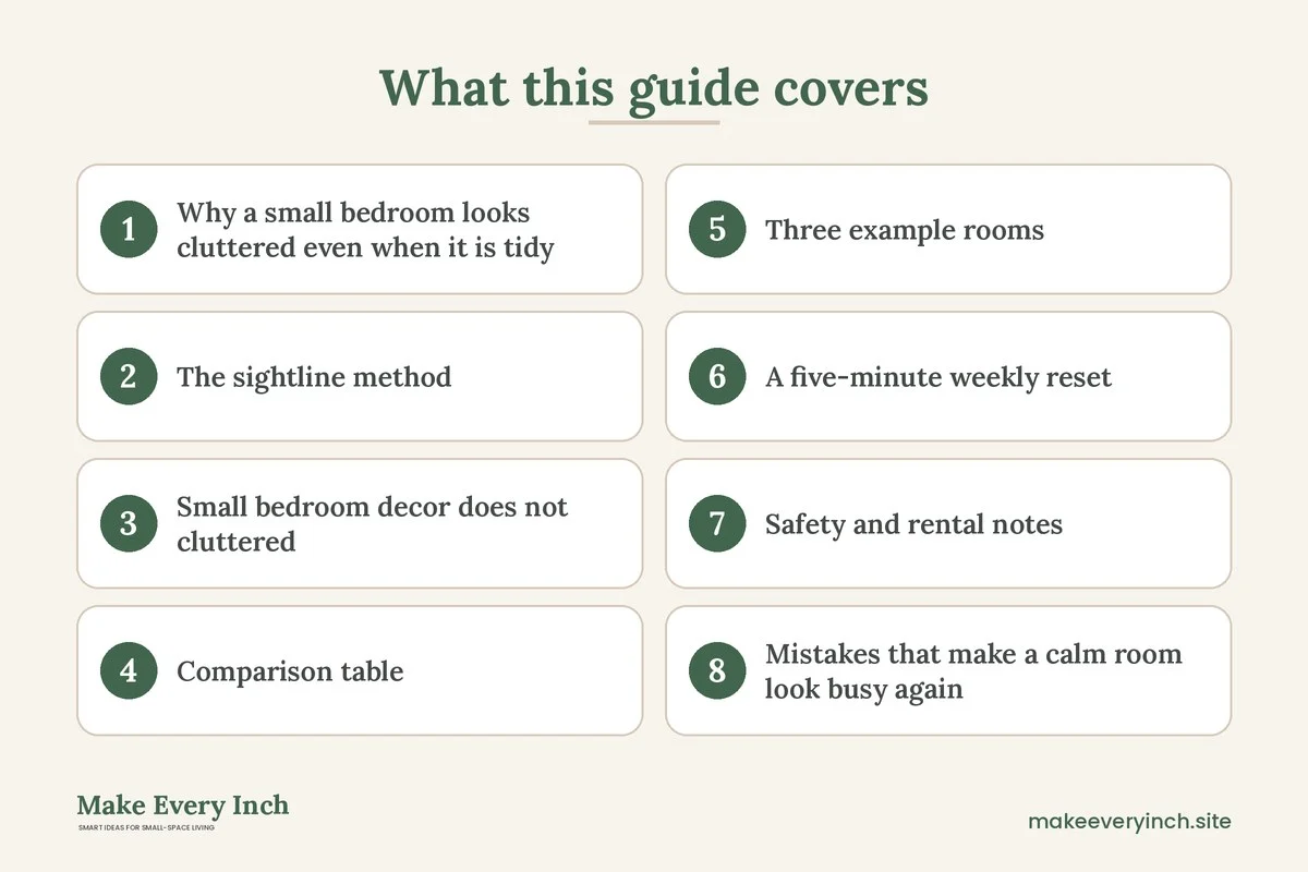 Graphic listing 8 topics covered in: Small Bedroom Decor That Does Not Feel Cluttered