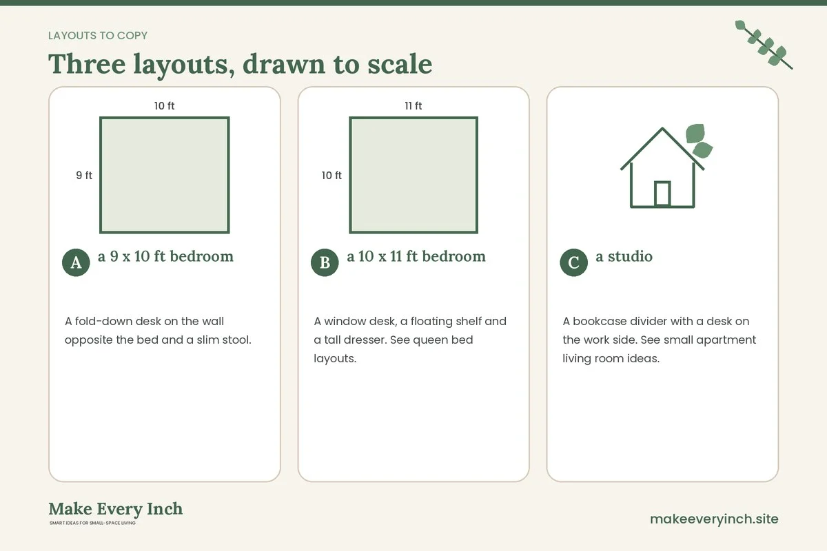 Three room layouts drawn to scale with dimensions and placement notes for: 15 Small Bedroom Desk Ideas for Working From Home