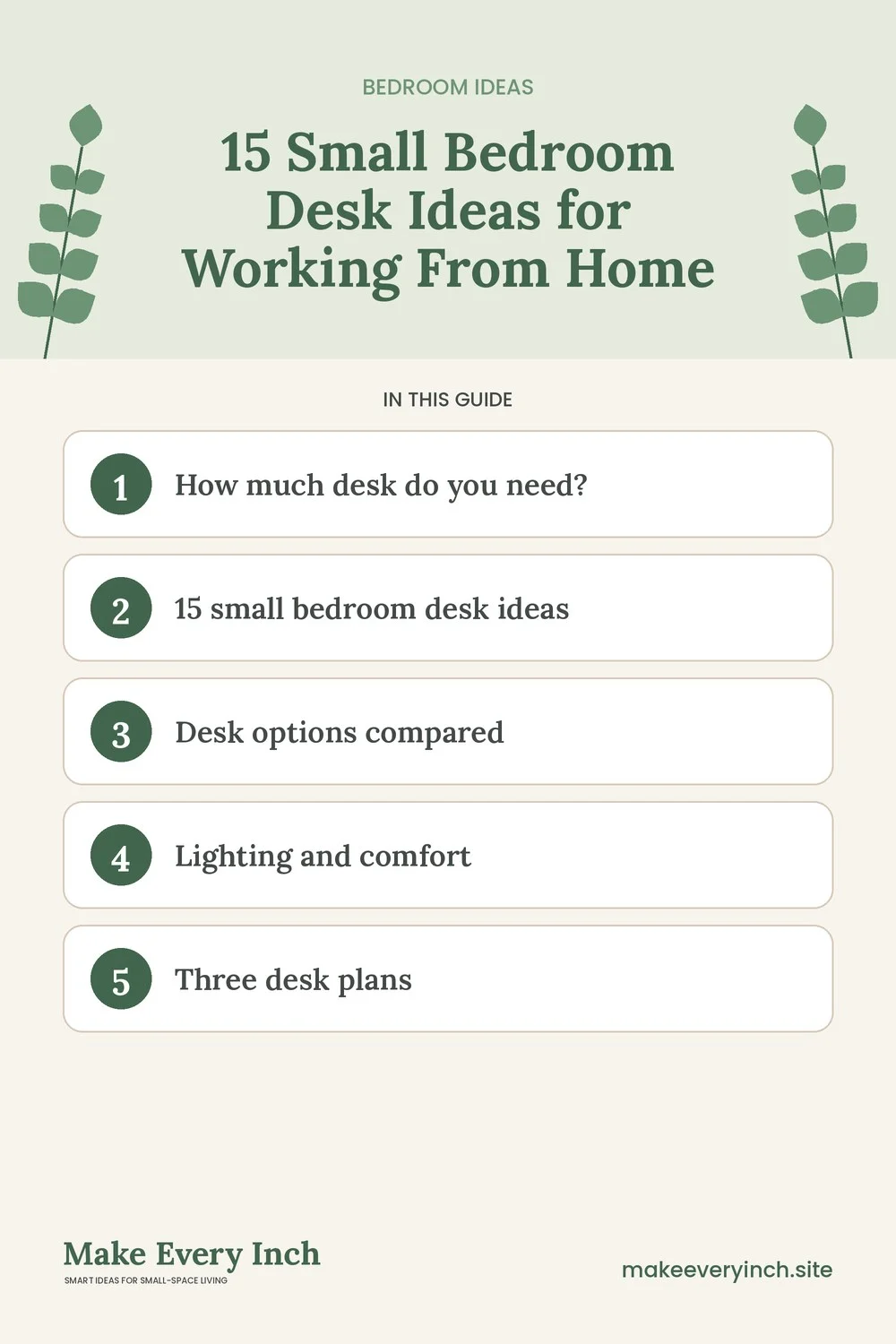 Pinterest pin listing the main topics in: 15 Small Bedroom Desk Ideas for Working From Home