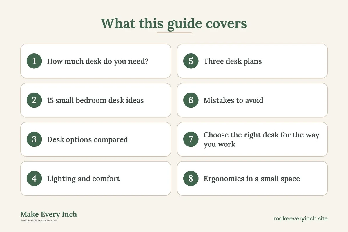 Graphic listing 8 topics covered in: 15 Small Bedroom Desk Ideas for Working From Home