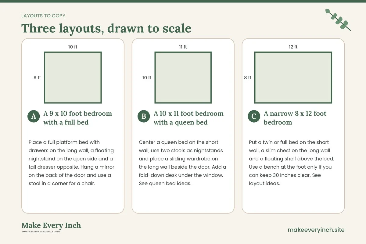 Three room layouts drawn to scale with dimensions and placement notes for: 17 Small Bedroom Furniture Ideas That Save Space