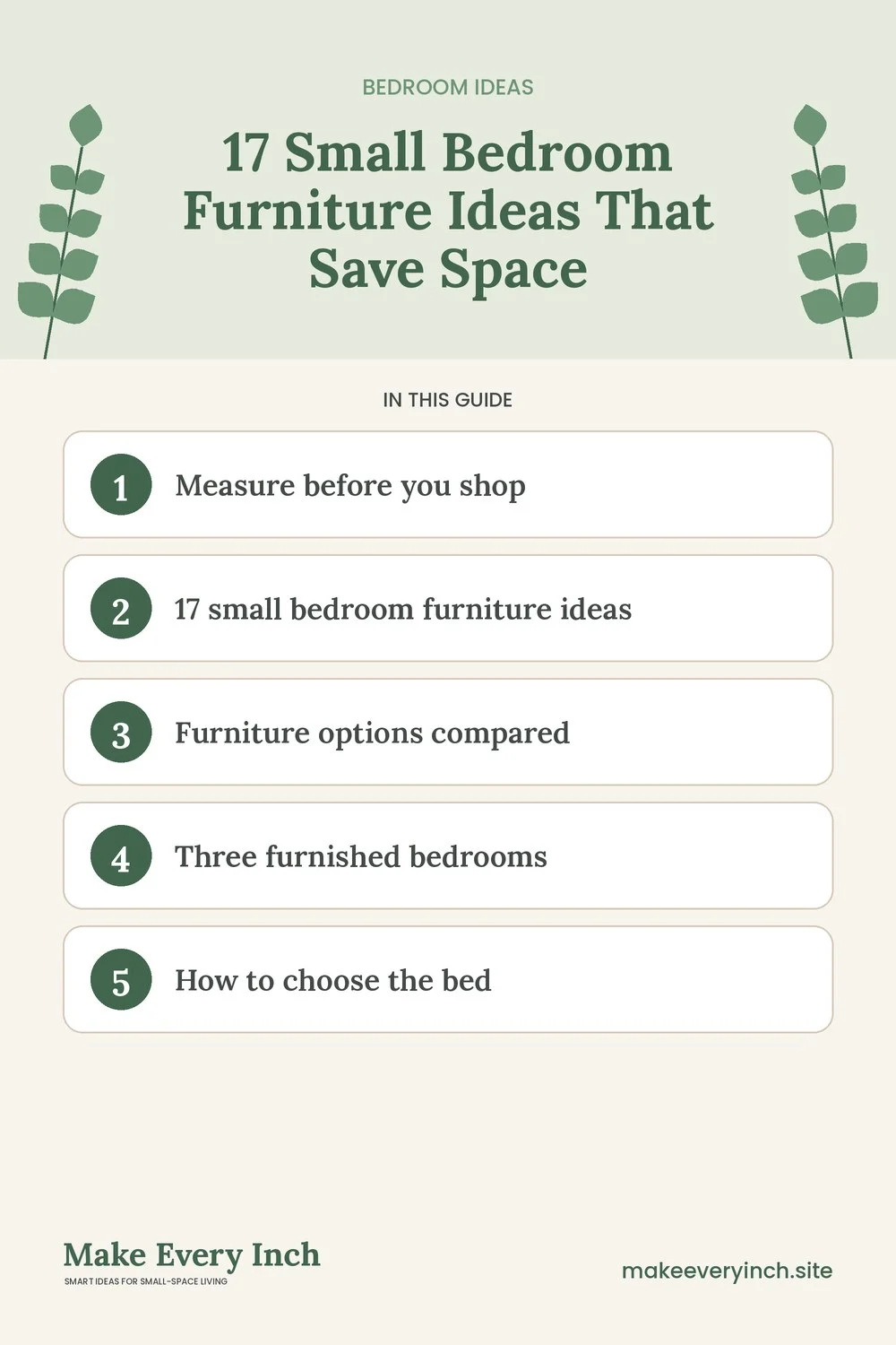 Pinterest pin listing the main topics in: 17 Small Bedroom Furniture Ideas That Save Space
