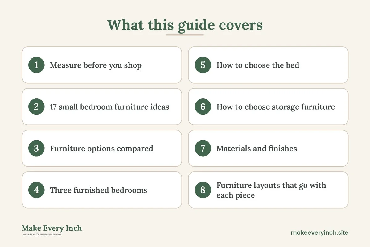 Graphic listing 8 topics covered in: 17 Small Bedroom Furniture Ideas That Save Space
