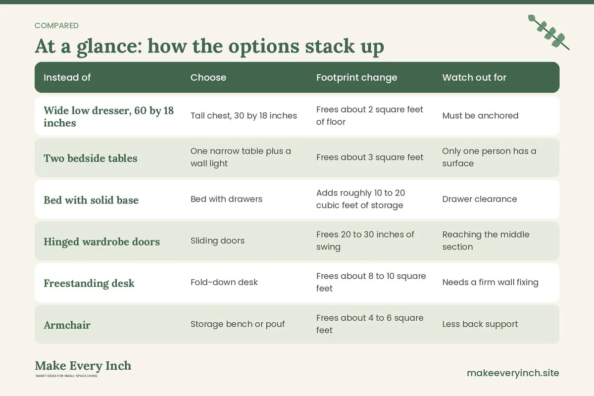 Comparison table of options for: Small Bedroom Furniture That Saves Space (Instead of, Choose, Footprint change, Watch out for)