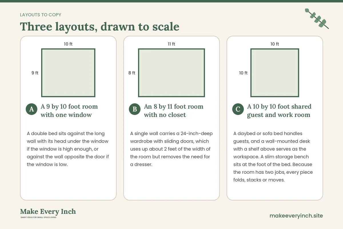Three room layouts drawn to scale with dimensions and placement notes for: Small Bedroom Furniture That Saves Space