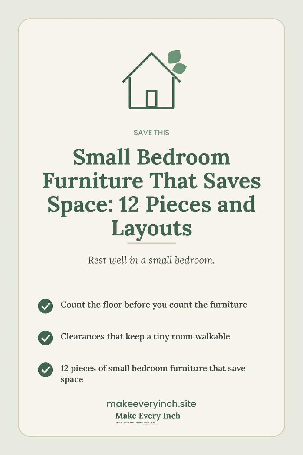Save-this Pinterest pin with a short checklist for: Small Bedroom Furniture That Saves Space